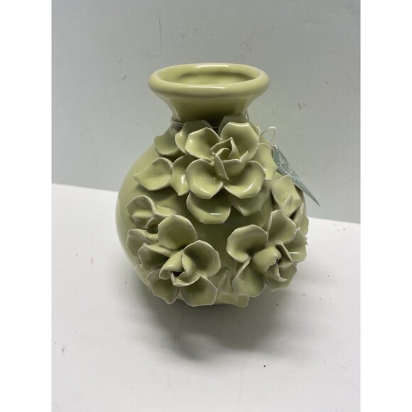 Seasons of Cannon Falls Vase Flora and Fauna Celedon Green Rose Raised Vase 5 in - Picture 6 of 8